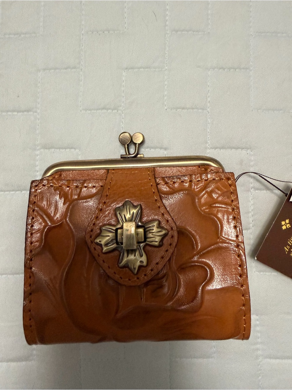 Patricia Nash Tan Embossed Leather Coin Purse with Antique Gold Clasp